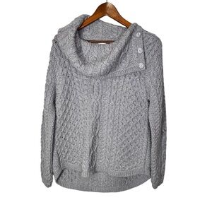 Aran Mor Cowl Button Neck Merino Wool Cable Knit Grey Sweater Size Medium NWT